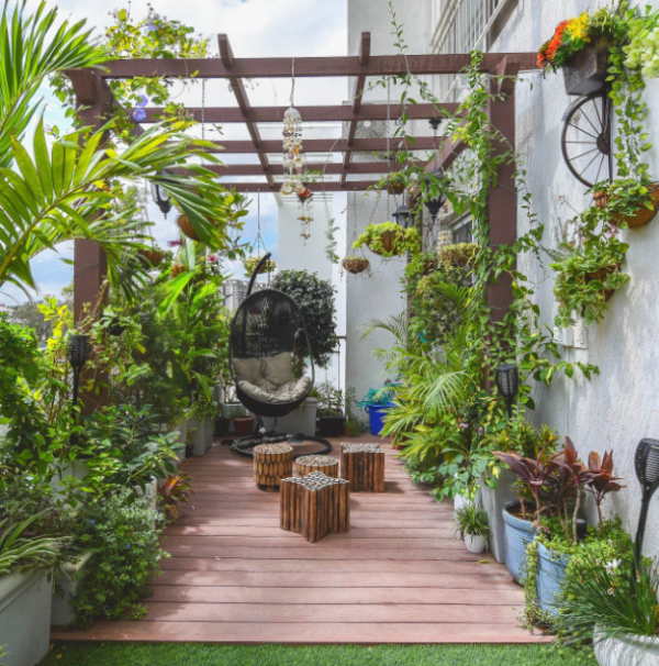 Teras dengan teras kayu tinggi dan tanaman rambat